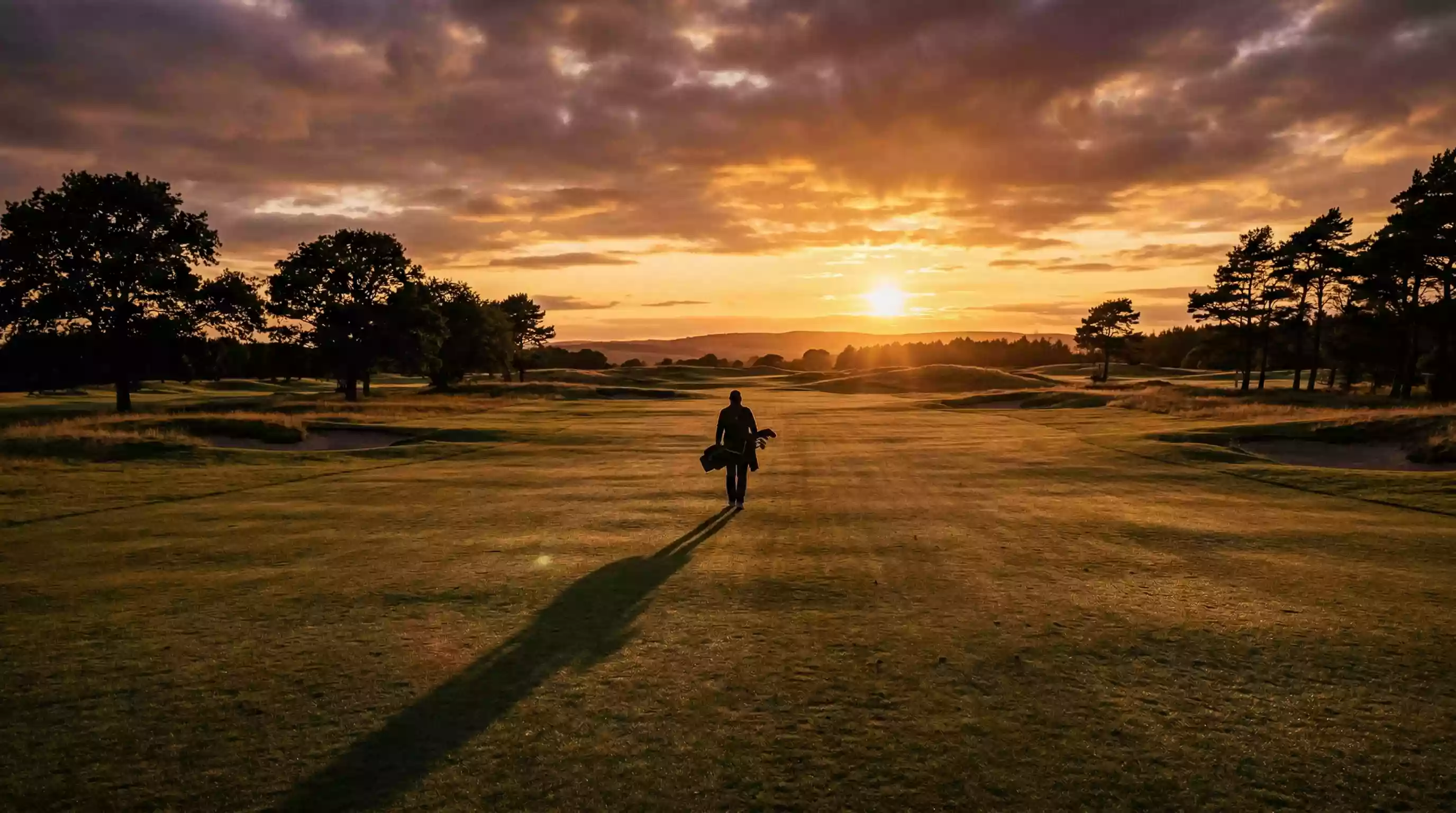 Einzelner Golfspieler auf einem weiten, leeren Fairway im Gegenlicht