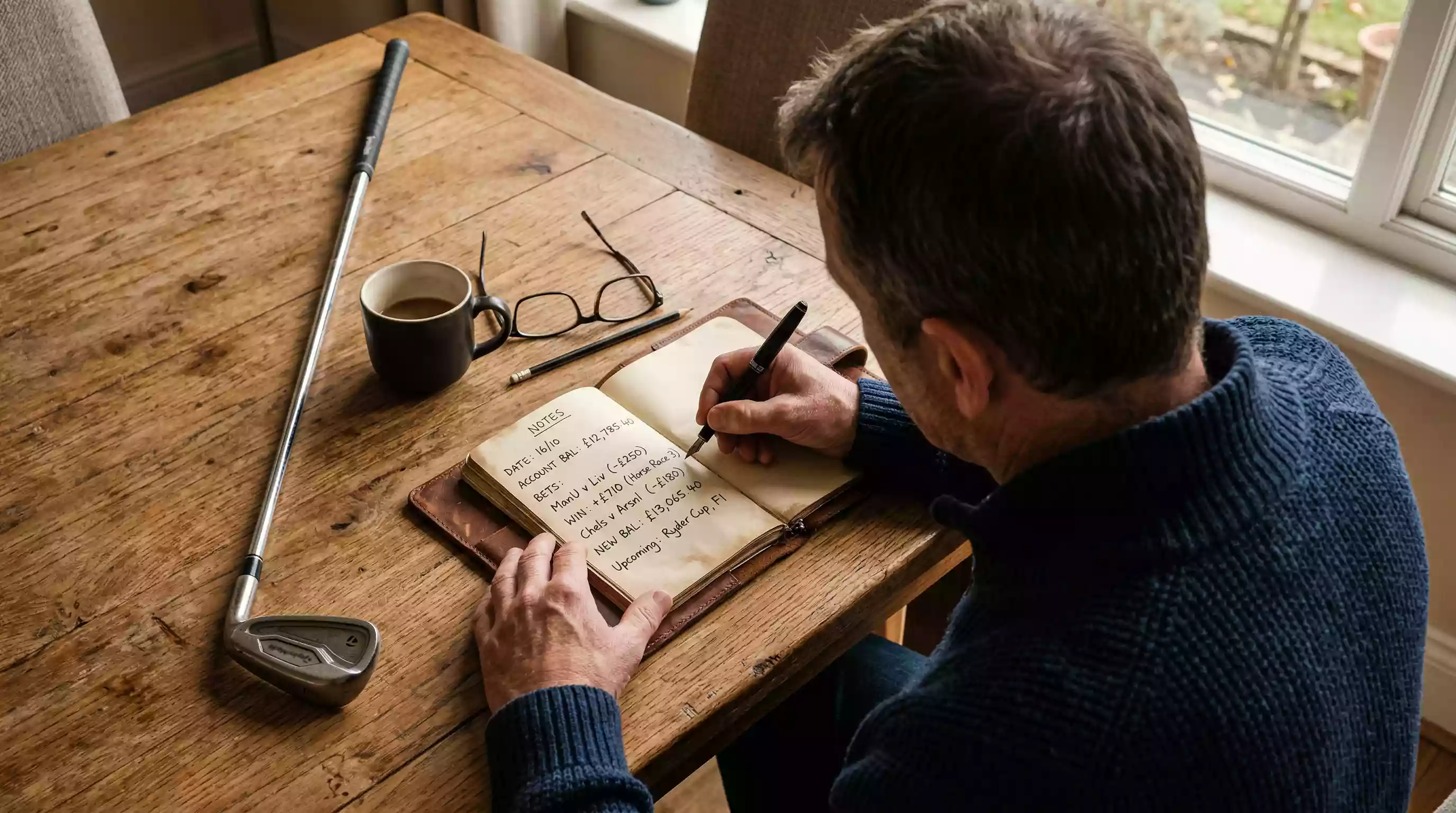 Person macht Notizen in einem Notizbuch neben einem Golfschläger