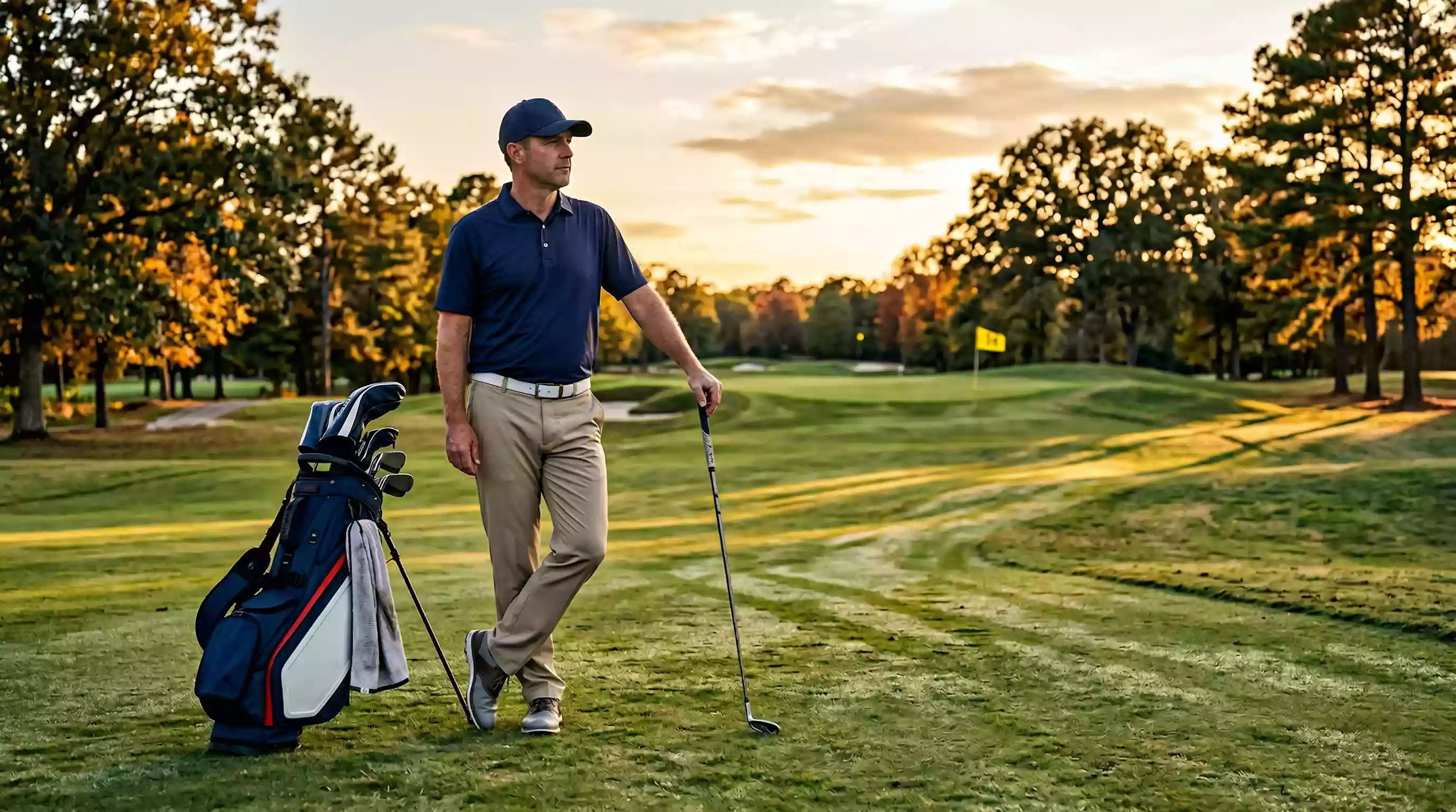 Golfspieler steht nachdenklich am Fairway und blickt zum Grün