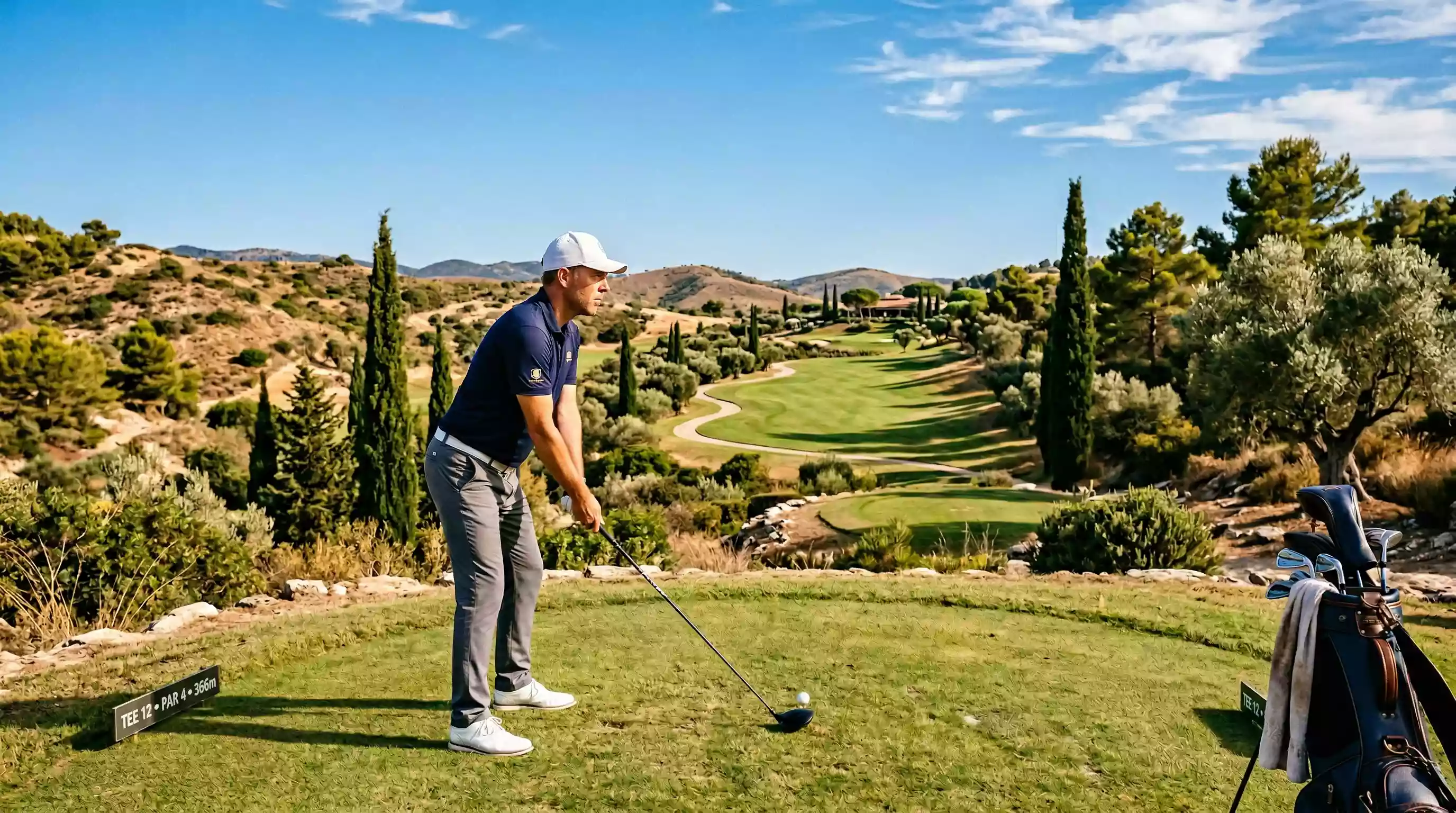 Golfspieler auf einem europäischen Golfplatz mit mediterraner Landschaft