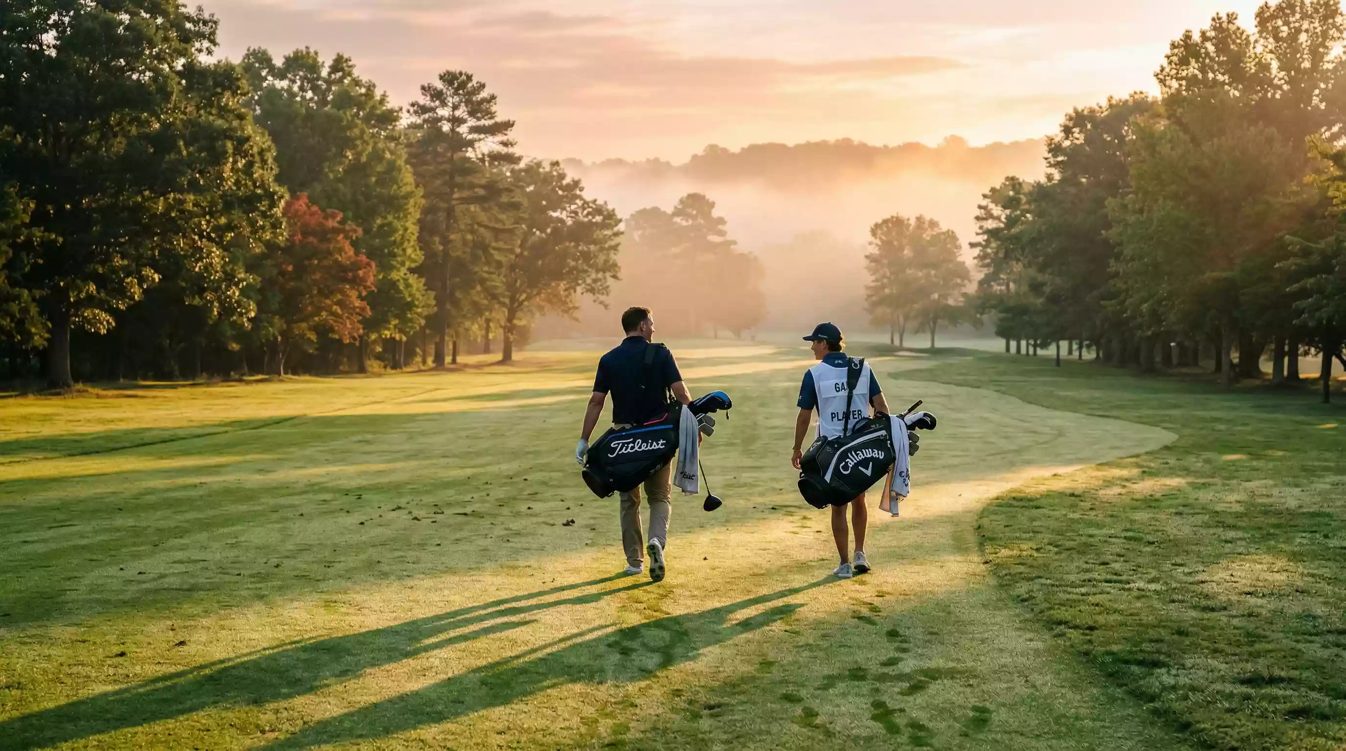 Golfspieler geht mit Caddie über das Fairway bei Sonnenaufgang