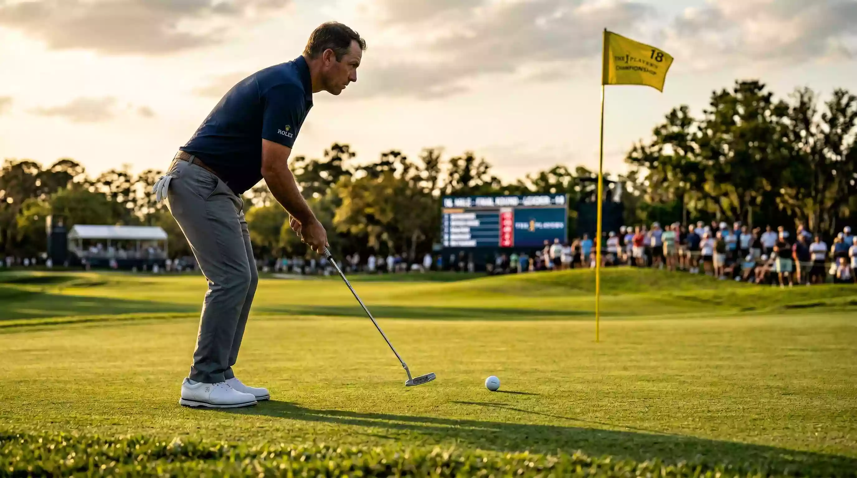 Golfspieler konzentriert beim Putt auf einem gepflegten Turniergrün