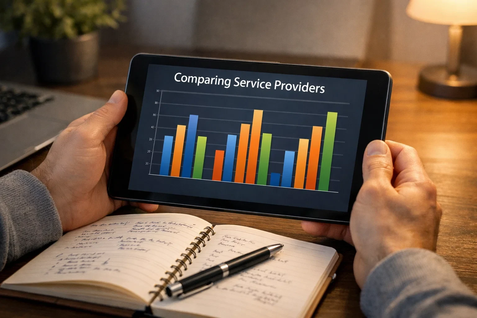 Person analysiert Vergleichsdaten auf Tablet mit Notizen