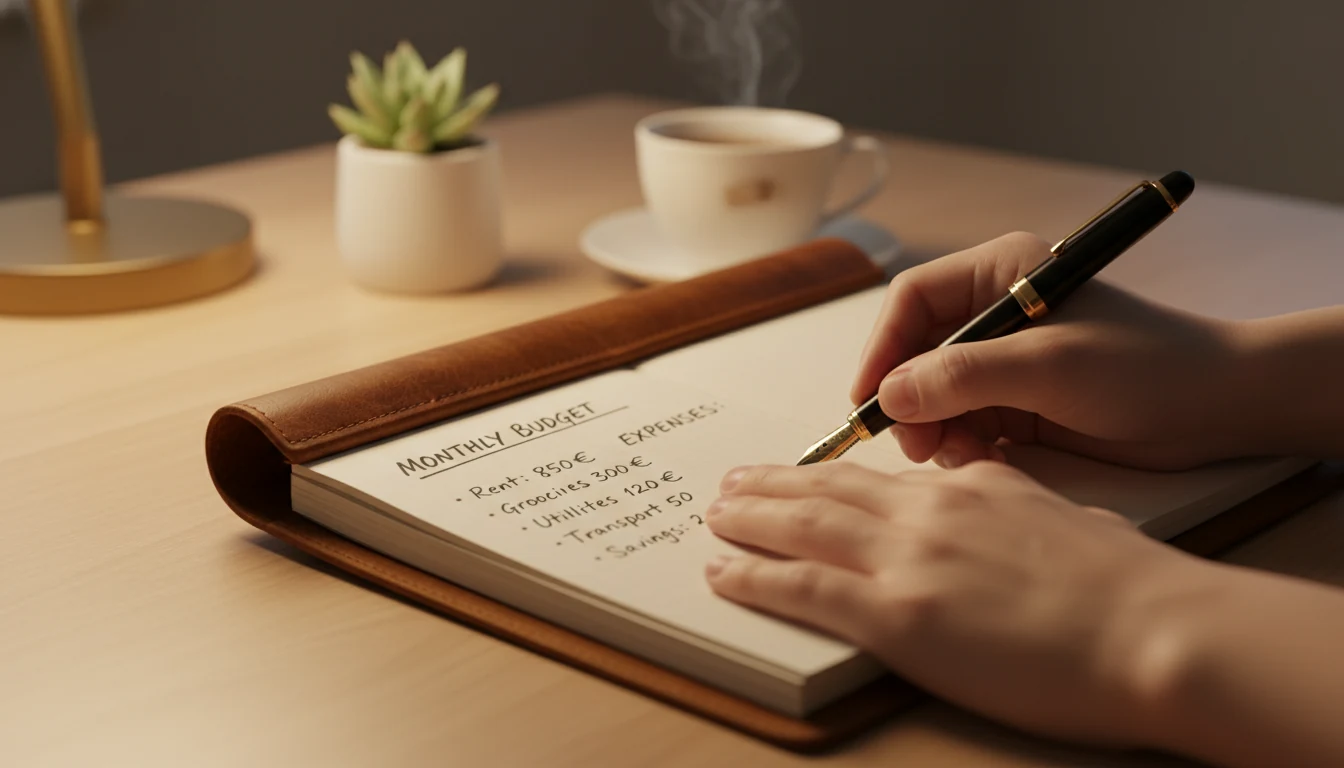 Person plant Budget mit Notizbuch und symbolischen Eurozeichen