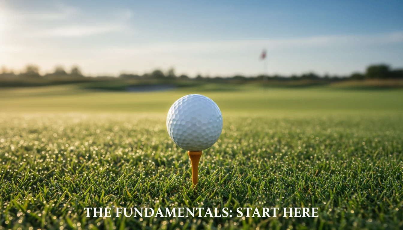 Golfball auf Tee mit Fairway und Grün im Hintergrund