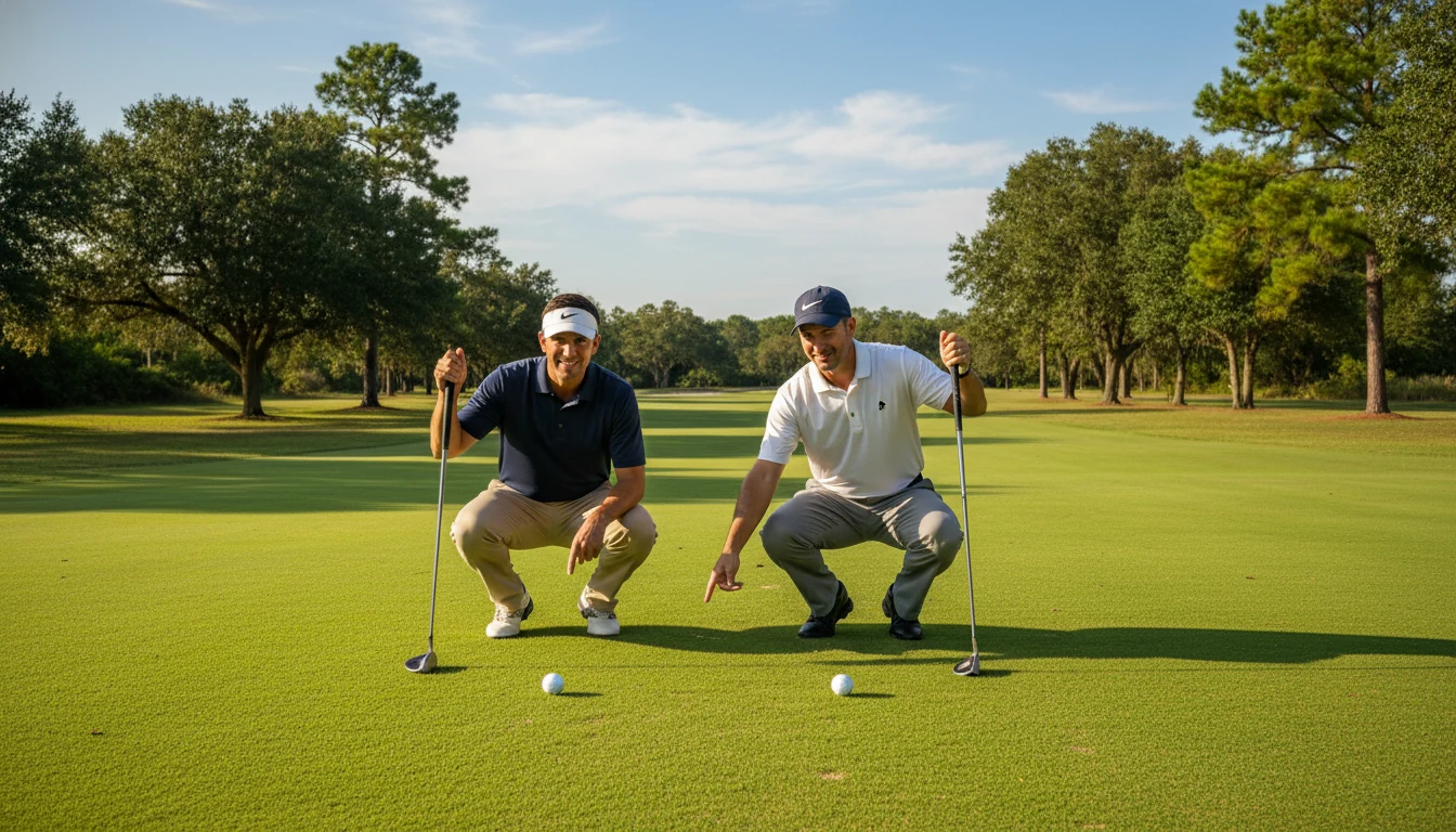 Zwei Golfspieler beim Vergleich ihrer Schläge auf dem Fairway