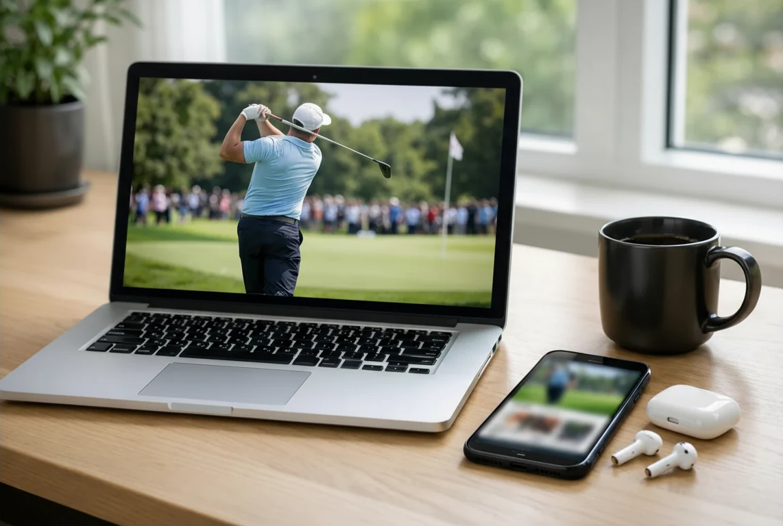 Golf-Turnier-Stream auf Laptop mit Smartphone daneben
