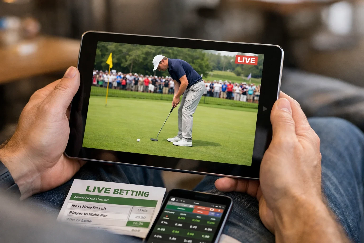 Person schaut Golfturnier auf Tablet während Spieler puttet