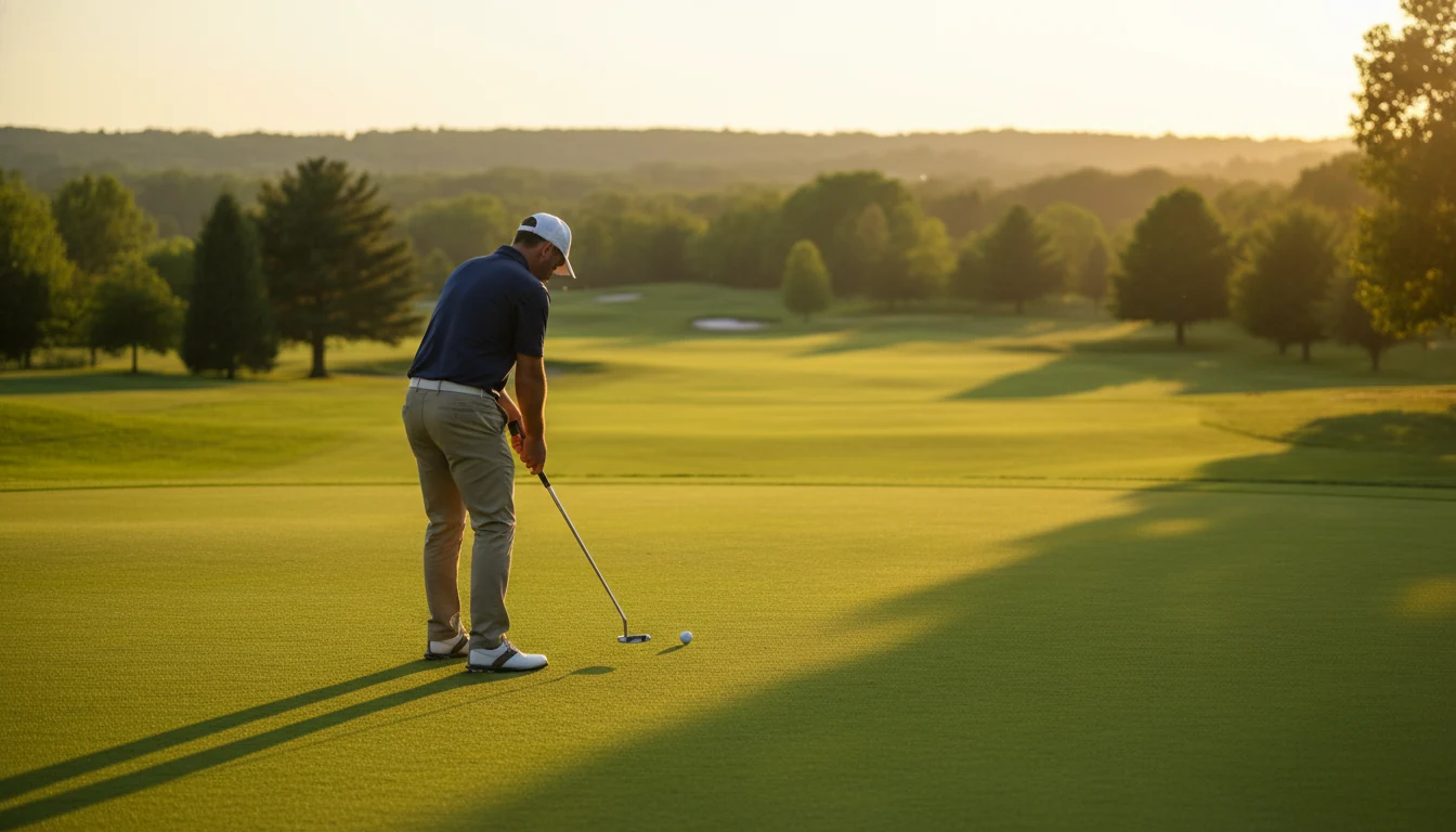 Golfspieler konzentriert sich auf den Putt am 18. Loch bei Sonnenuntergang