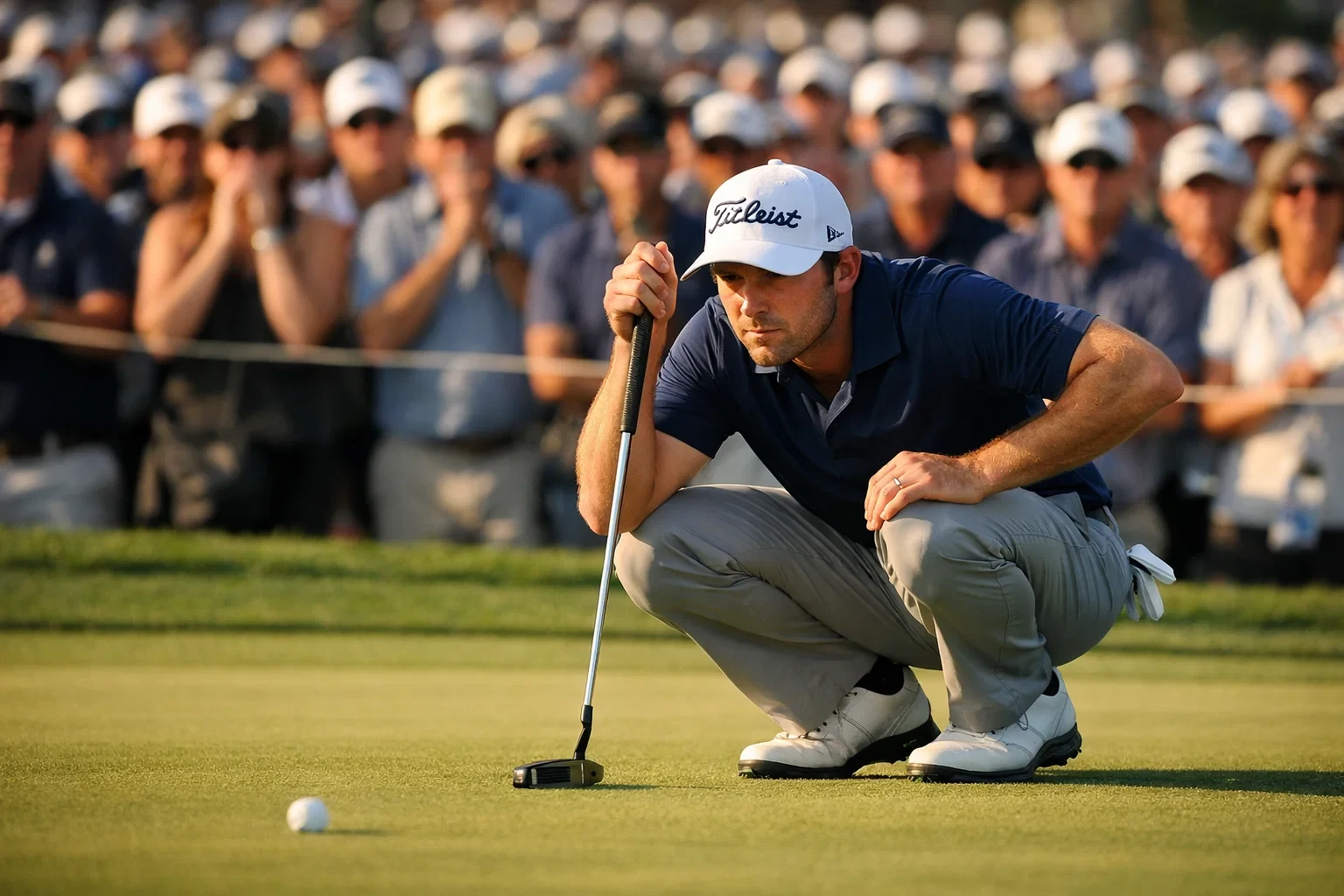 Golfspieler beim entscheidenden Putt mit gespannten Zuschauern