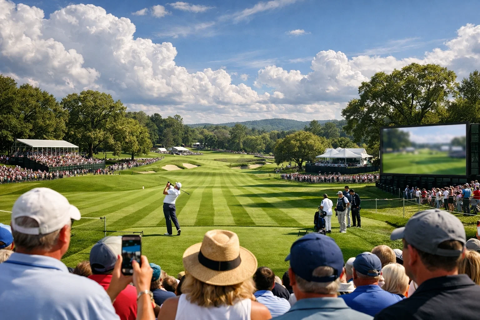 Panoramablick auf Augusta National mit Zuschauern entlang des Fairways