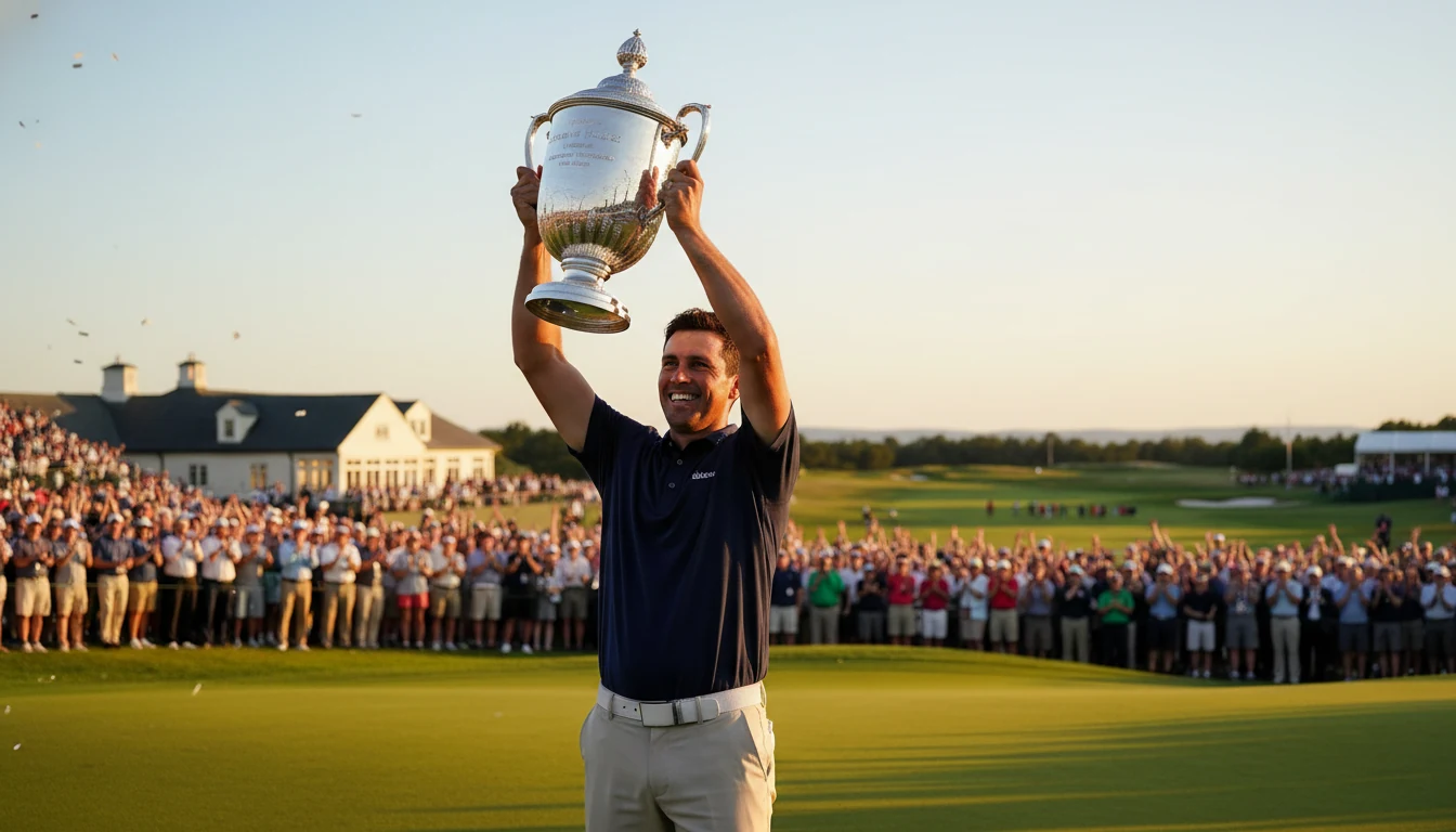 Golfspieler mit Trophäe bei Sonnenuntergang auf berühmtem Golfplatz