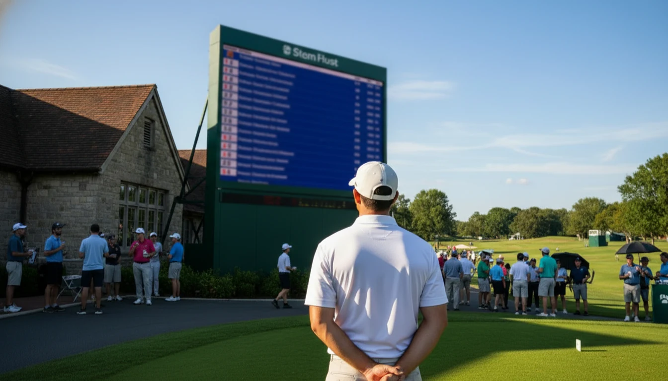 Golfer betrachtet Anzeigetafel mit Turnierergebnissen