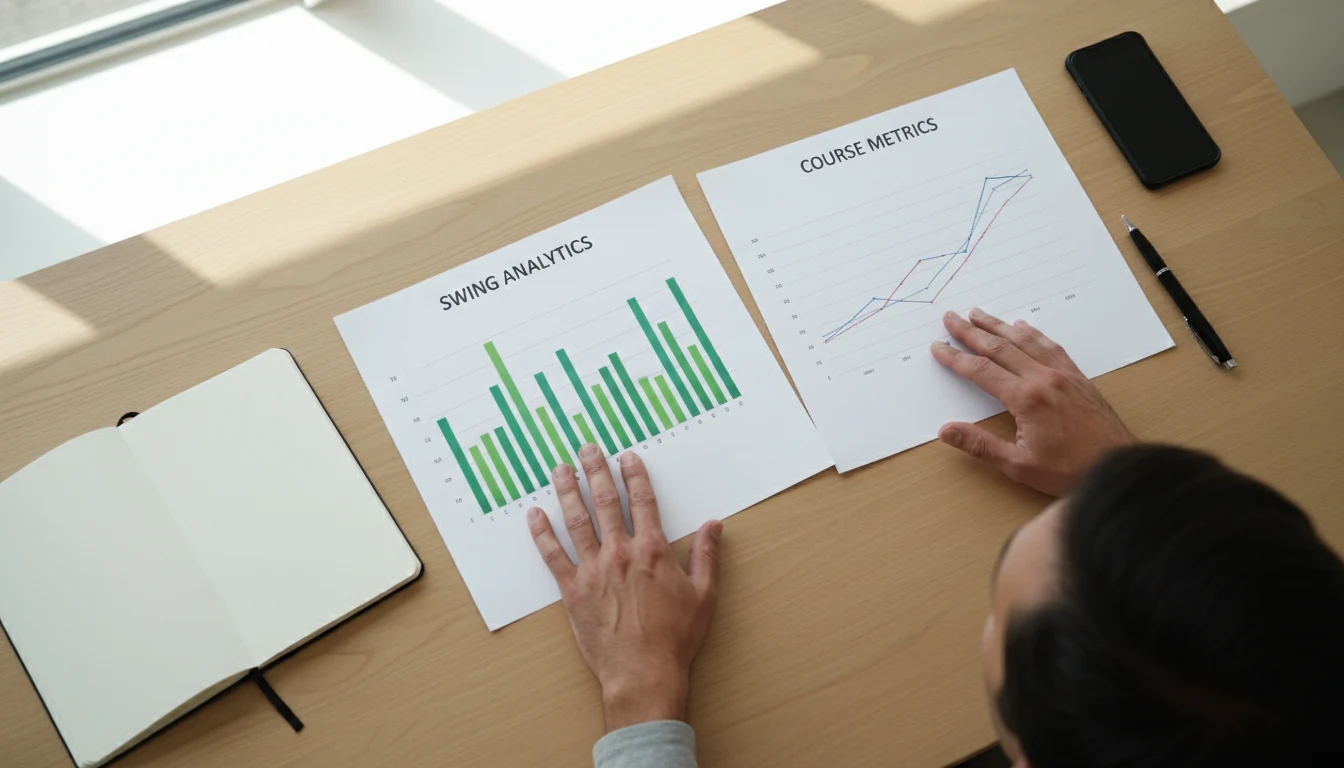 Analyst arbeitet mit Golf-Performance-Daten und Notizen