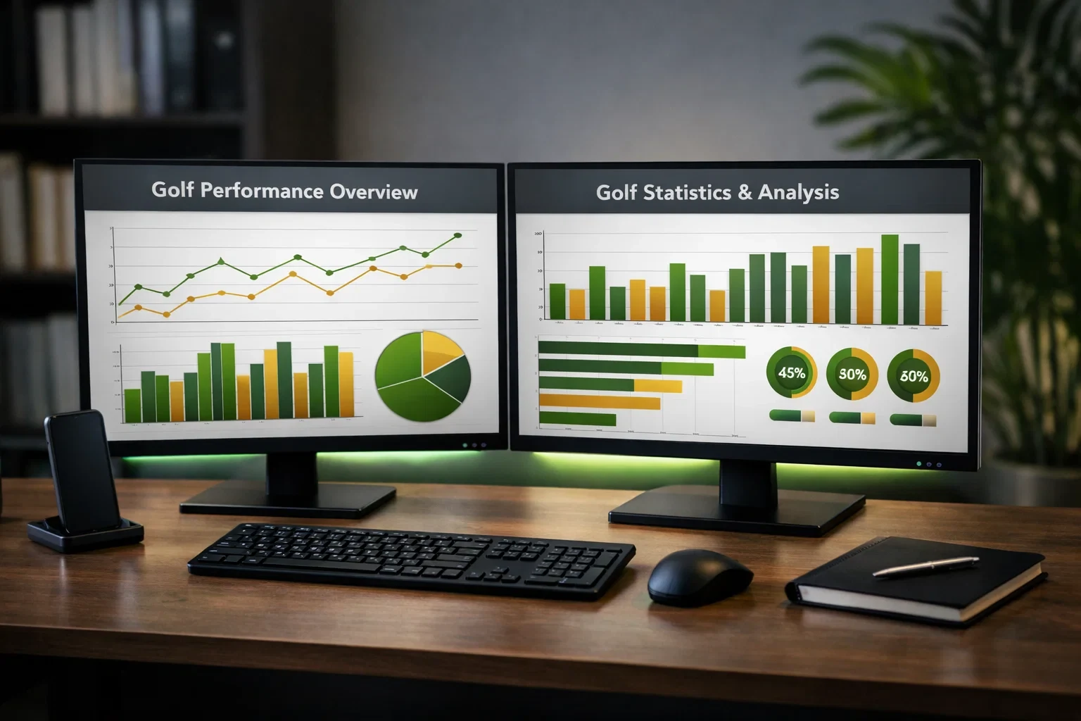 Desktop mit mehreren Bildschirmen zeigt Golf-Statistiken und Strokes Gained Daten