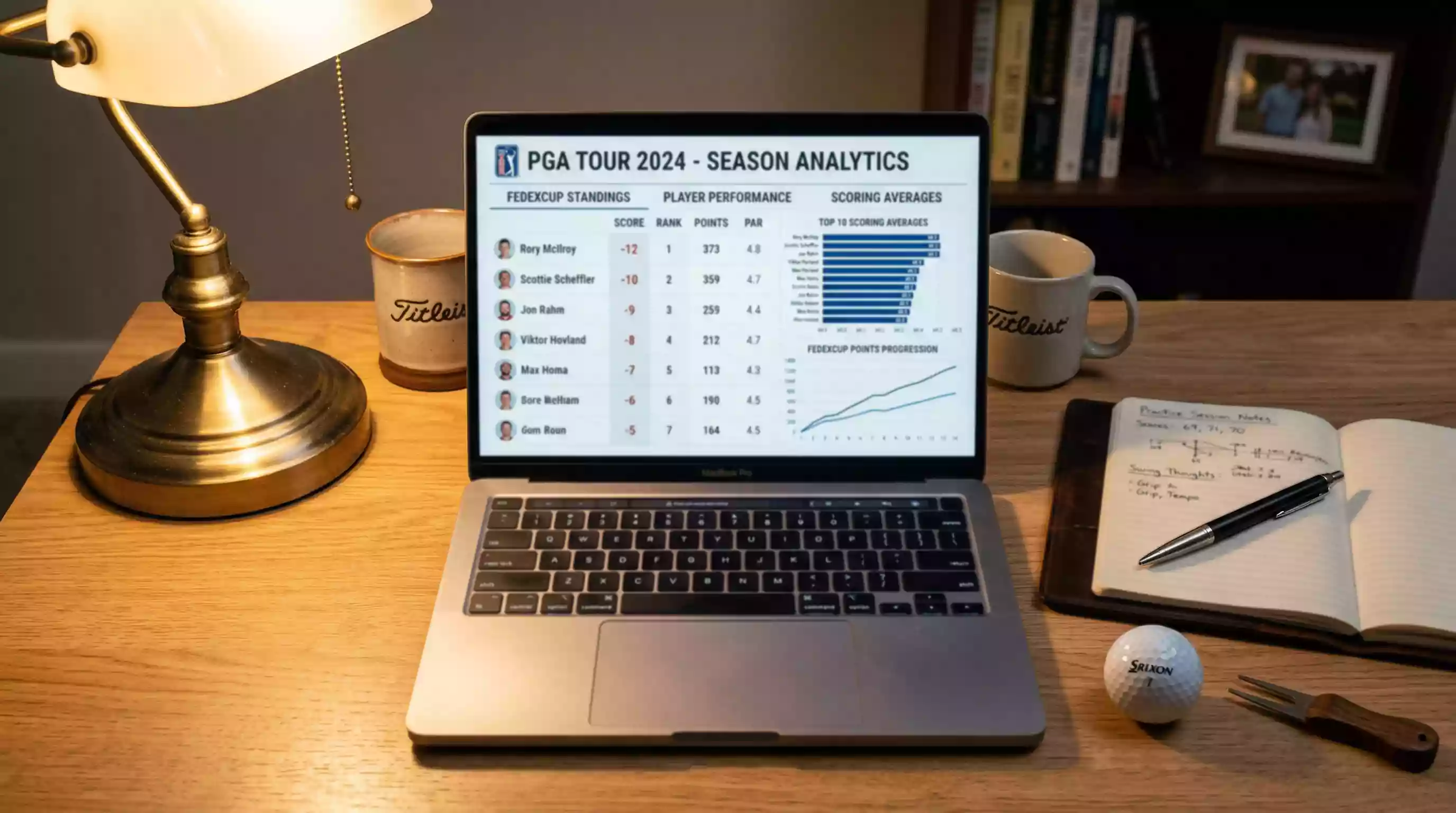 Laptop mit Golfstatistiken neben Notizbuch und Golfball auf Schreibtisch