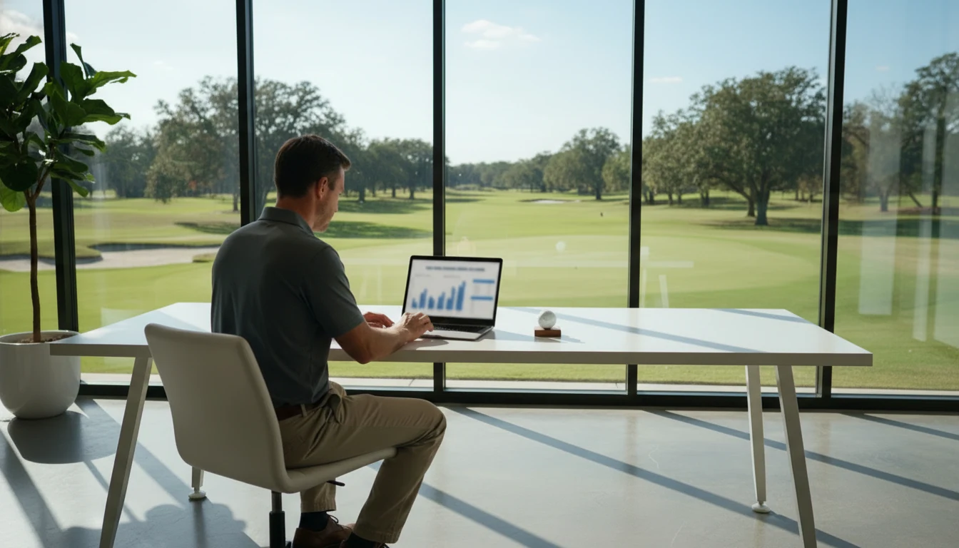 Person studiert Golf-Statistiken auf Laptop mit Golfplatz im Hintergrund