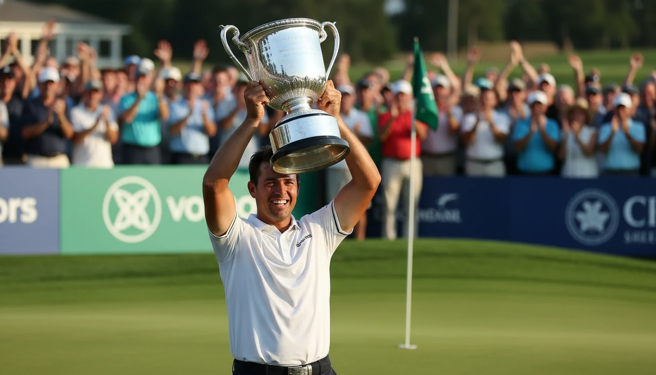 Golfspieler hebt Trophäe nach Turniersieg