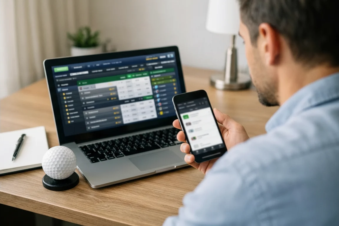 Person vergleicht Golf-Wettquoten auf Laptop und Smartphone