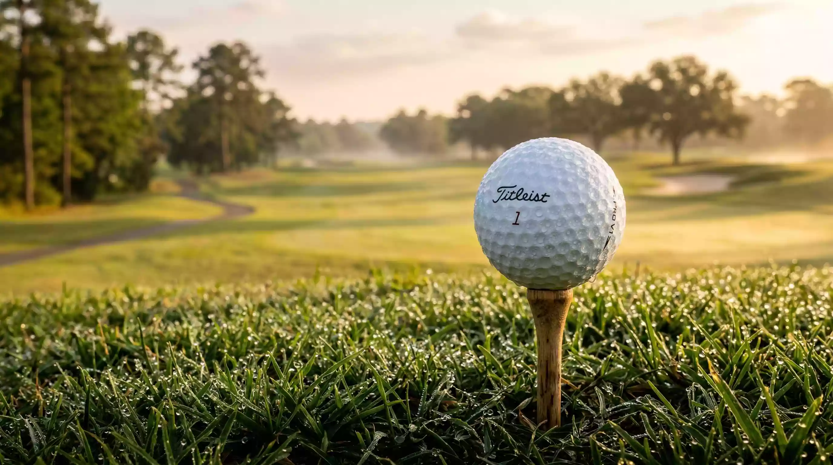 Nahaufnahme eines Golfballs auf dem Tee vor einem Fairway