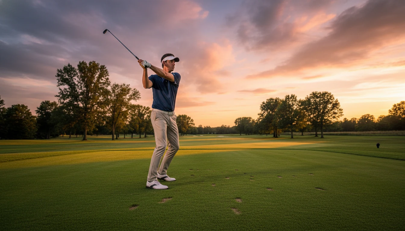 Golfspieler schlägt Ball auf gepflegtem Fairway bei Sonnenuntergang