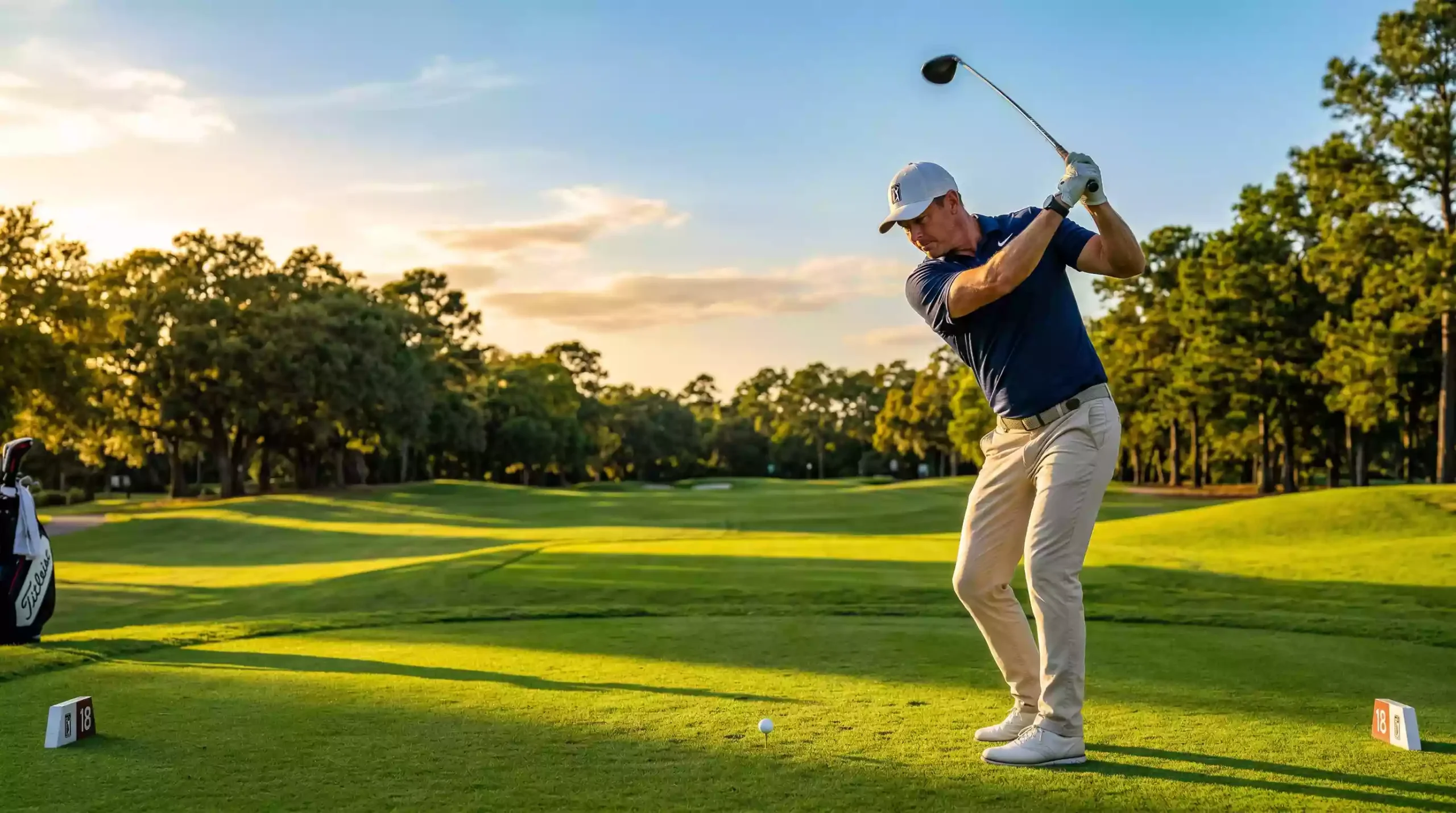 Golfspieler beim Abschlag auf einem grünen Fairway im Sonnenlicht