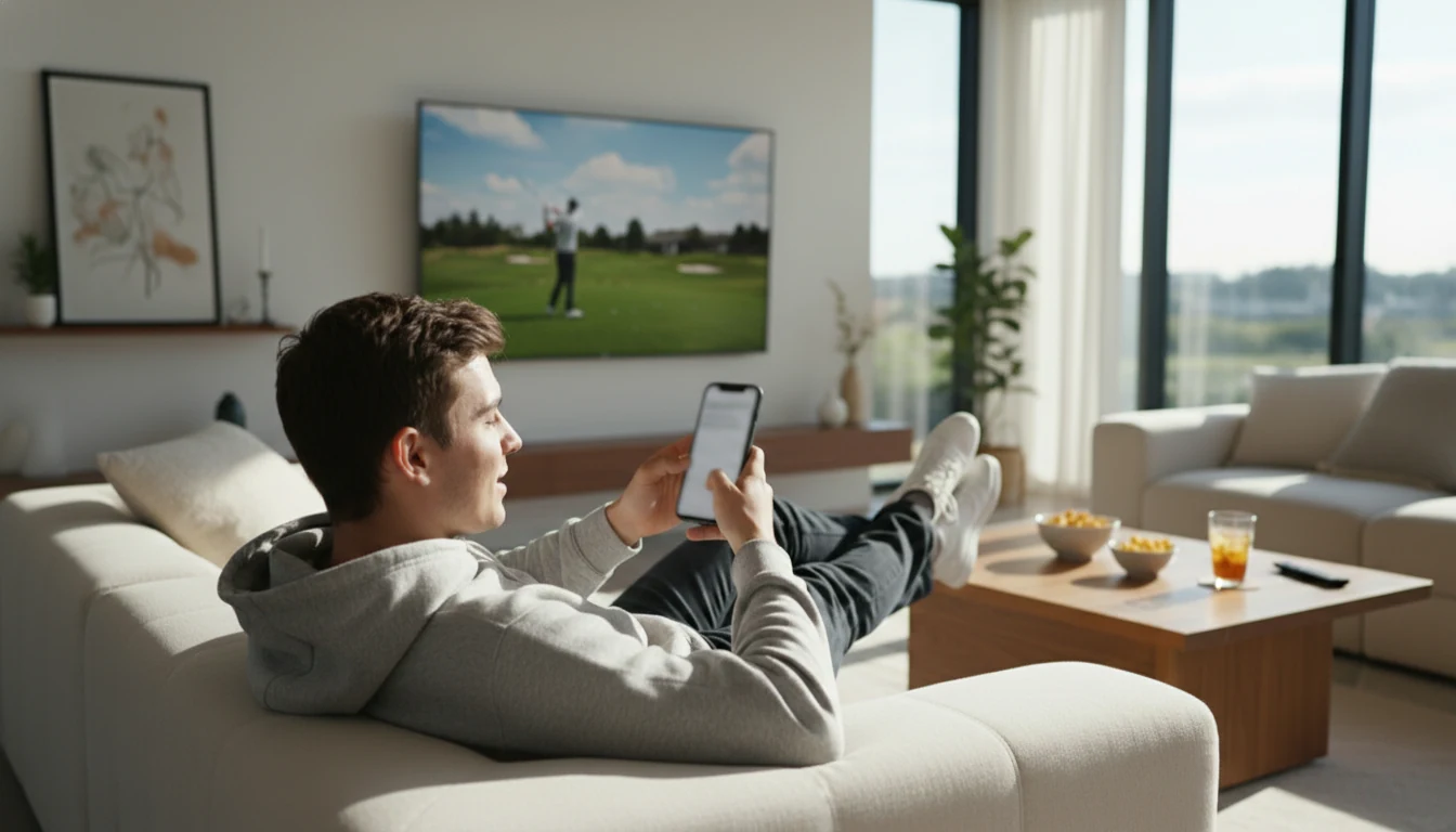 Einsteiger verfolgt Golfturnier auf Smartphone mit Wett-App