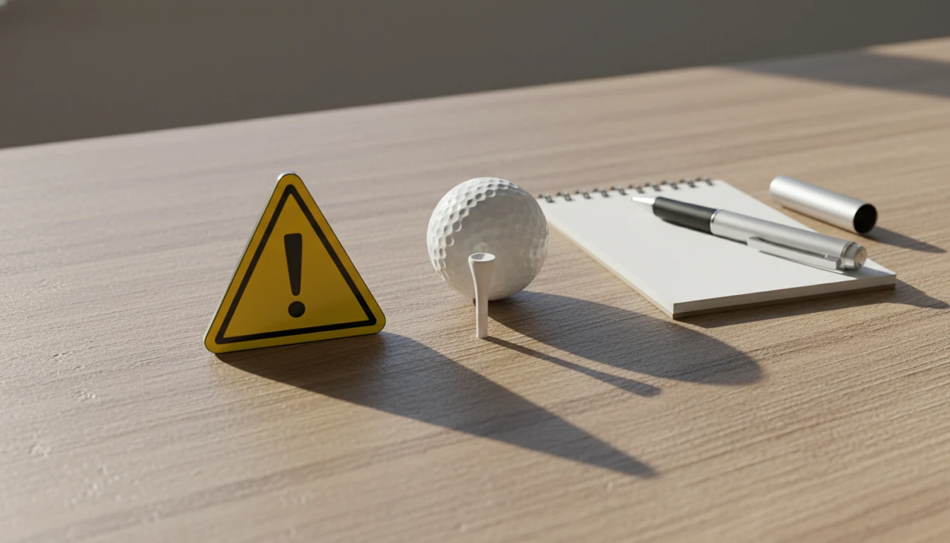 Warnschild-Symbol neben Golfausrüstung auf Schreibtisch