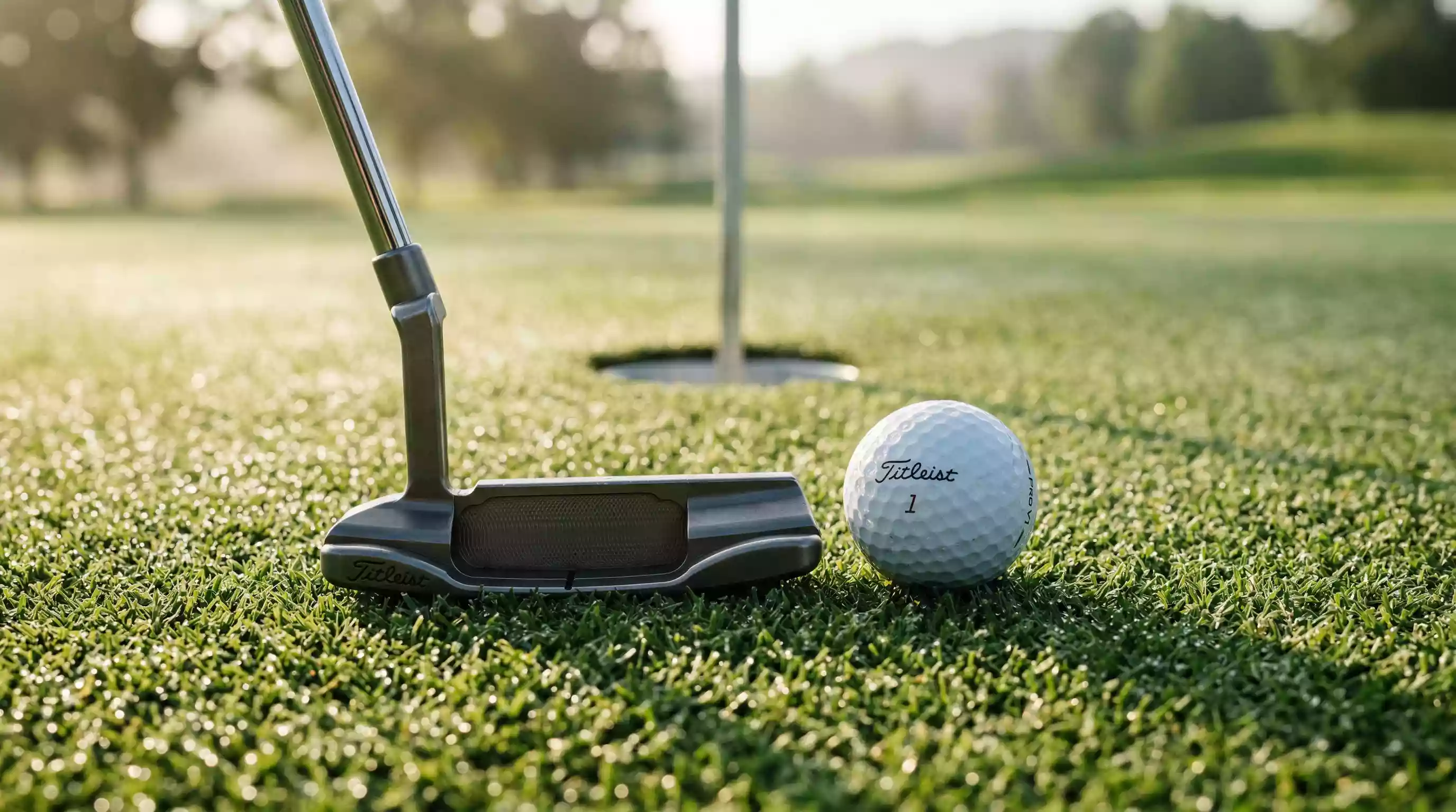 Golfschläger und Ball auf dem Grün in der Nahaufnahme