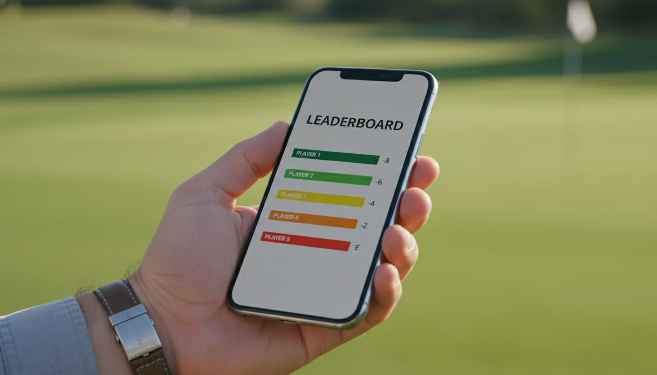 Smartphone zeigt Live-Leaderboard eines Golfturniers mit aktuellen Spielerständen