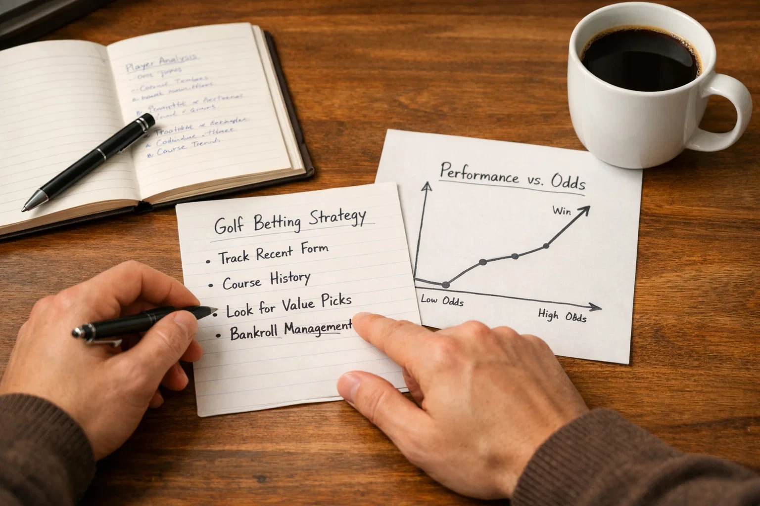 Person analysiert Notizen und Statistiken für Golfwetten