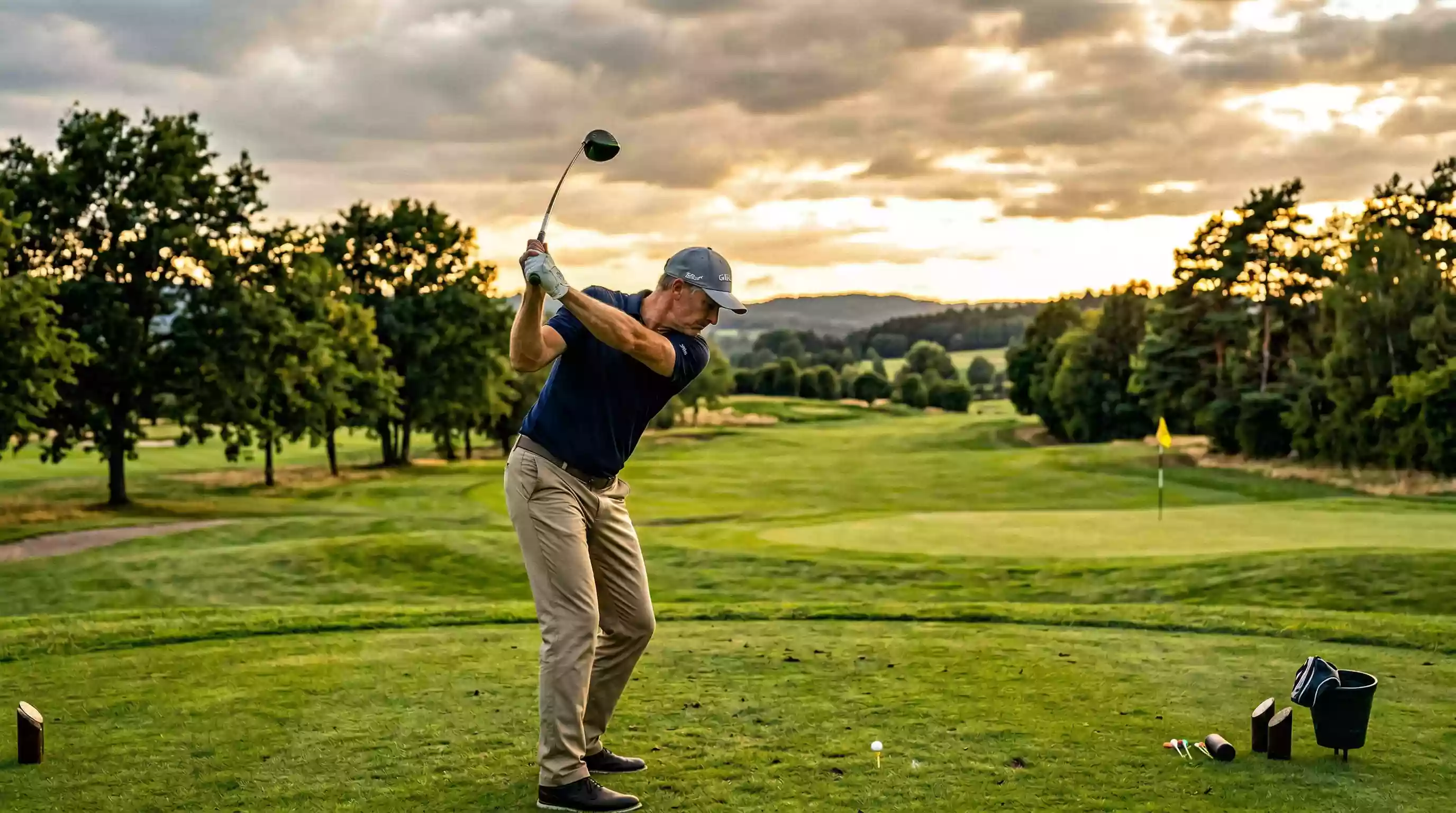 Golfspieler beim Abschlag auf einem weitläufigen Fairway im Gegenlicht