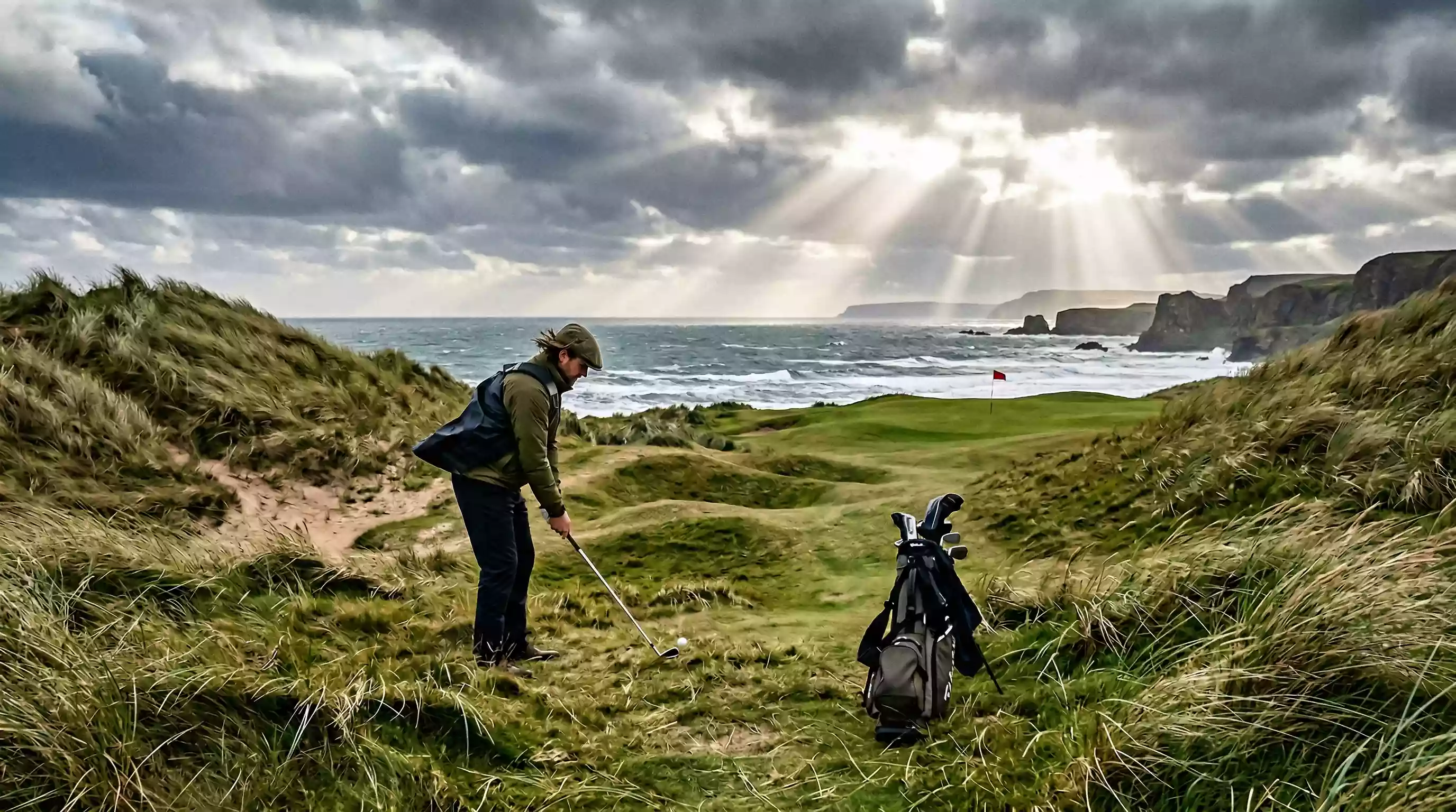 Links-Golfplatz an der britischen Küste bei windigem Wetter mit Dünen