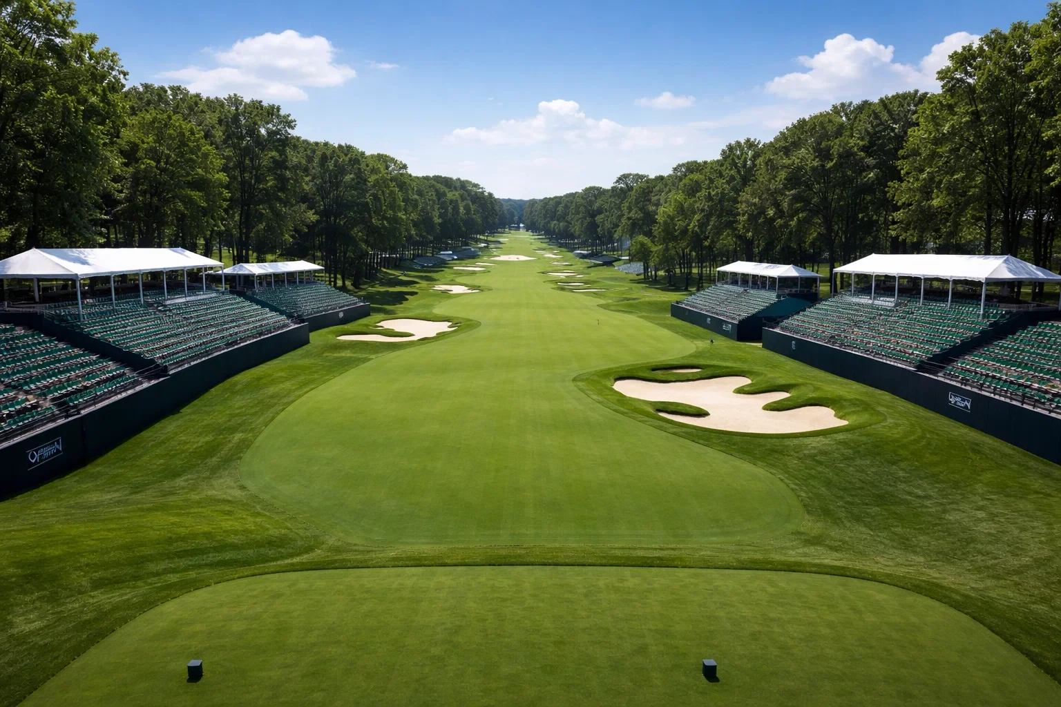 Professioneller Golfplatz mit Zuschauertribünen bei PGA-Turnier