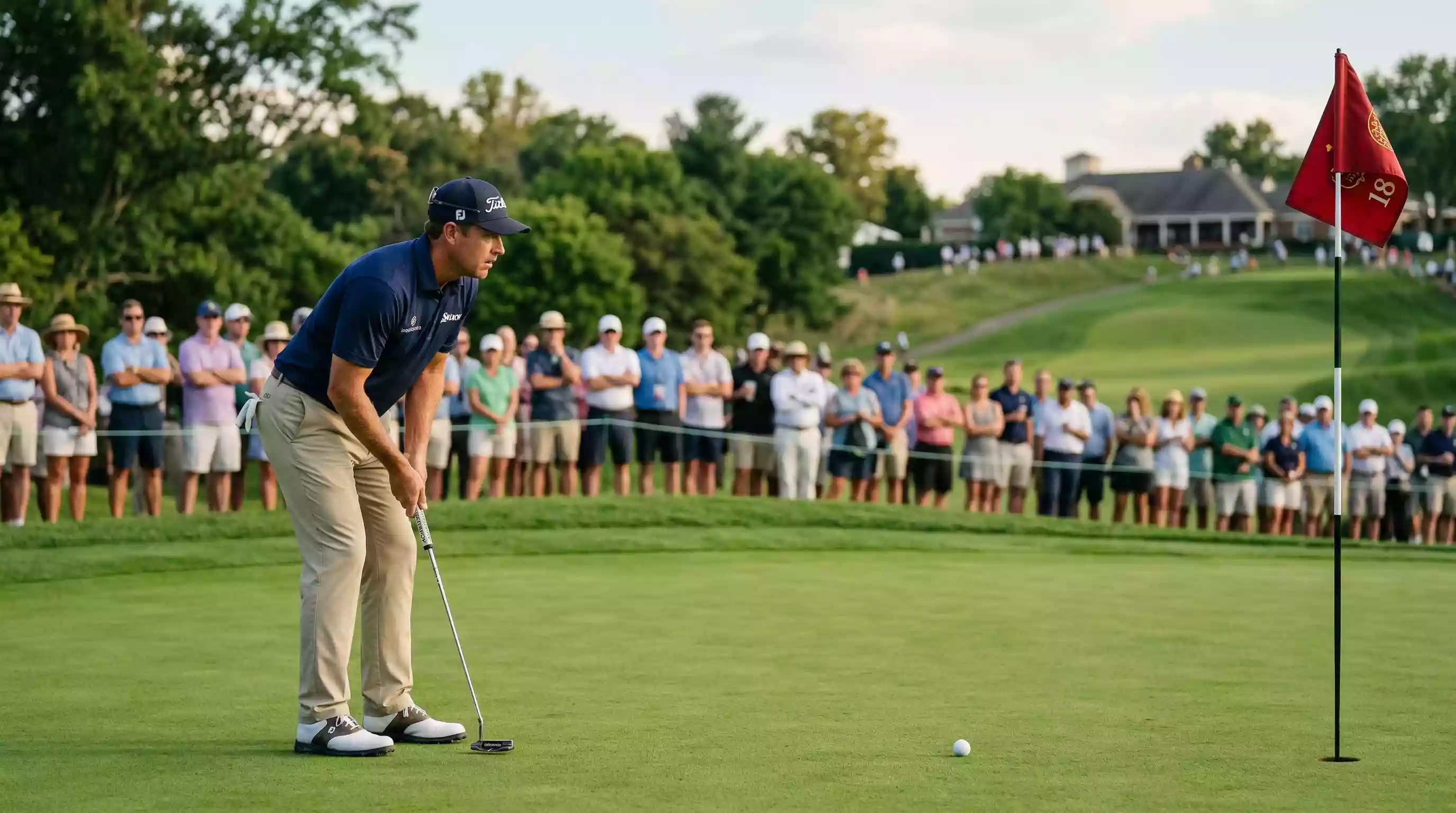 Golfspieler auf dem Grün bei der PGA Championship mit Zuschauertribüne