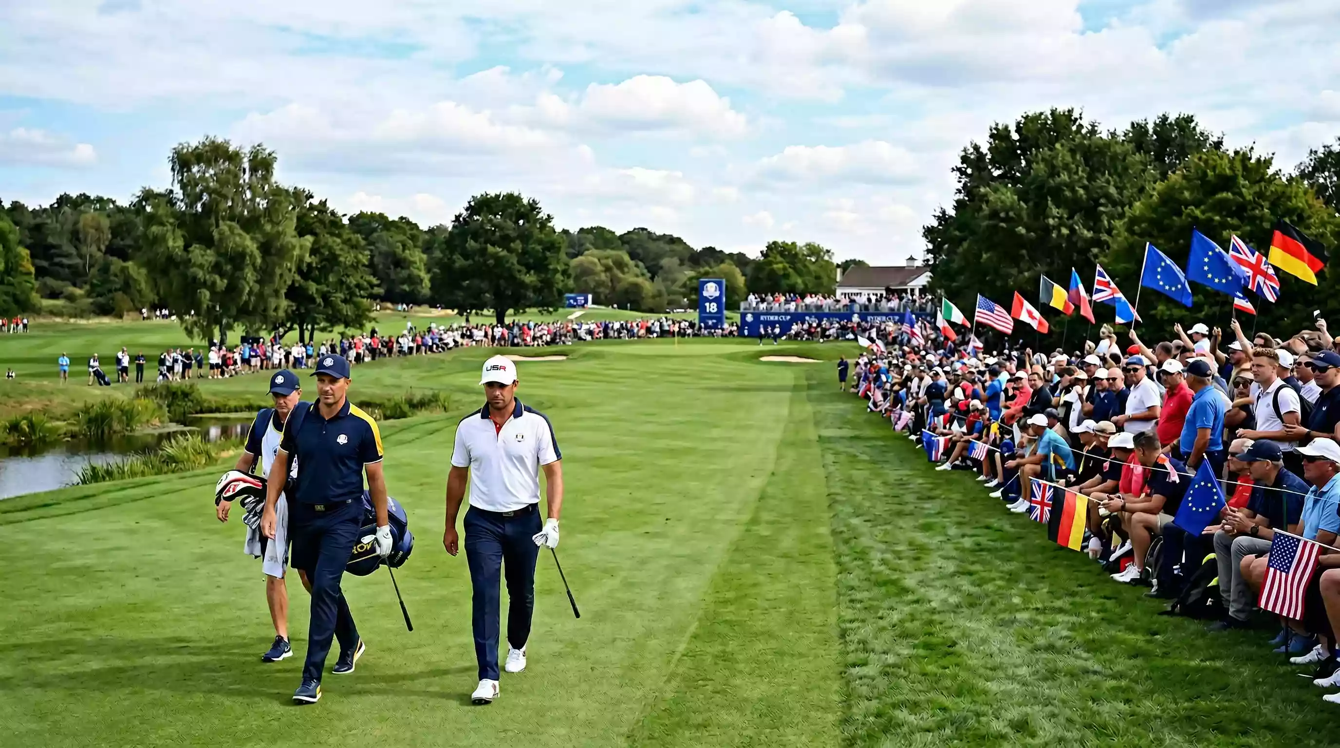 Golfspieler beim Presidents Cup mit internationalen Flaggen im Hintergrund
