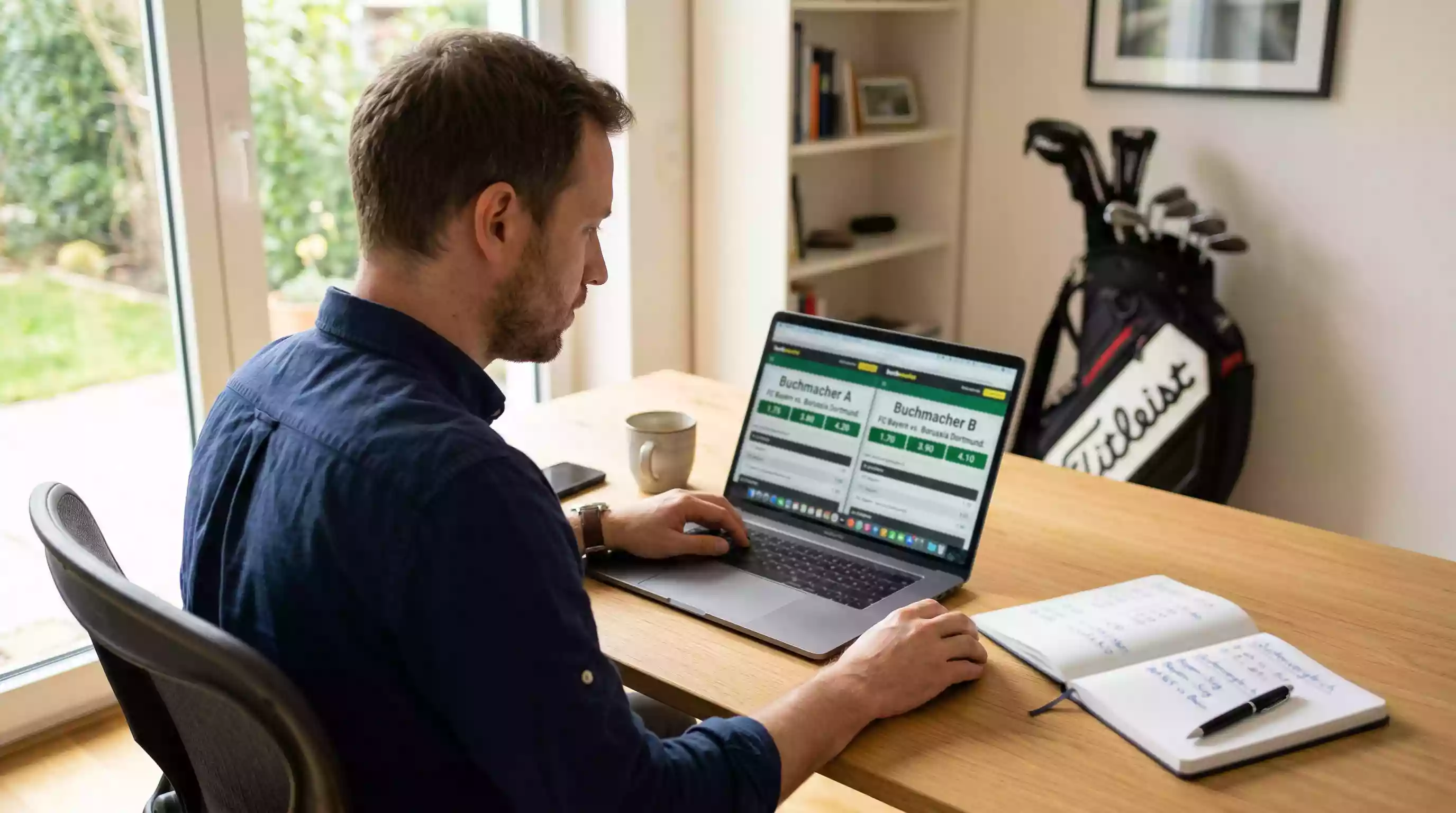 Mann vergleicht Golfwettquoten am Laptop neben einer Golfausrüstung