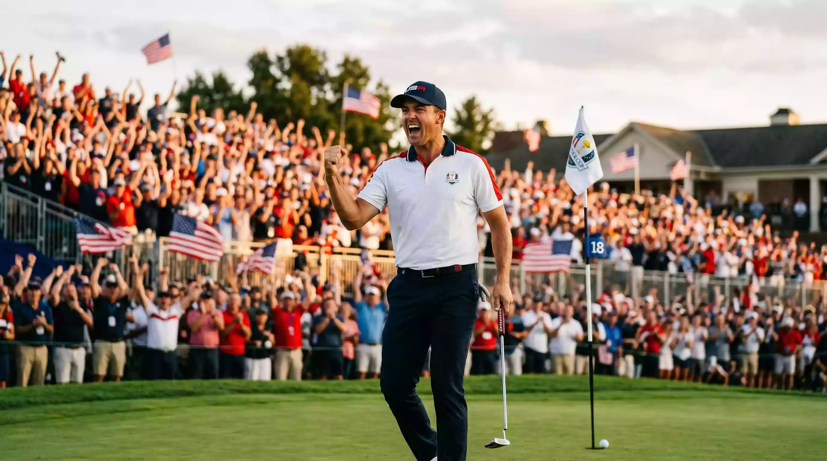 Golfspieler beim Ryder Cup mit jubelnden Zuschauern und Teamflaggen