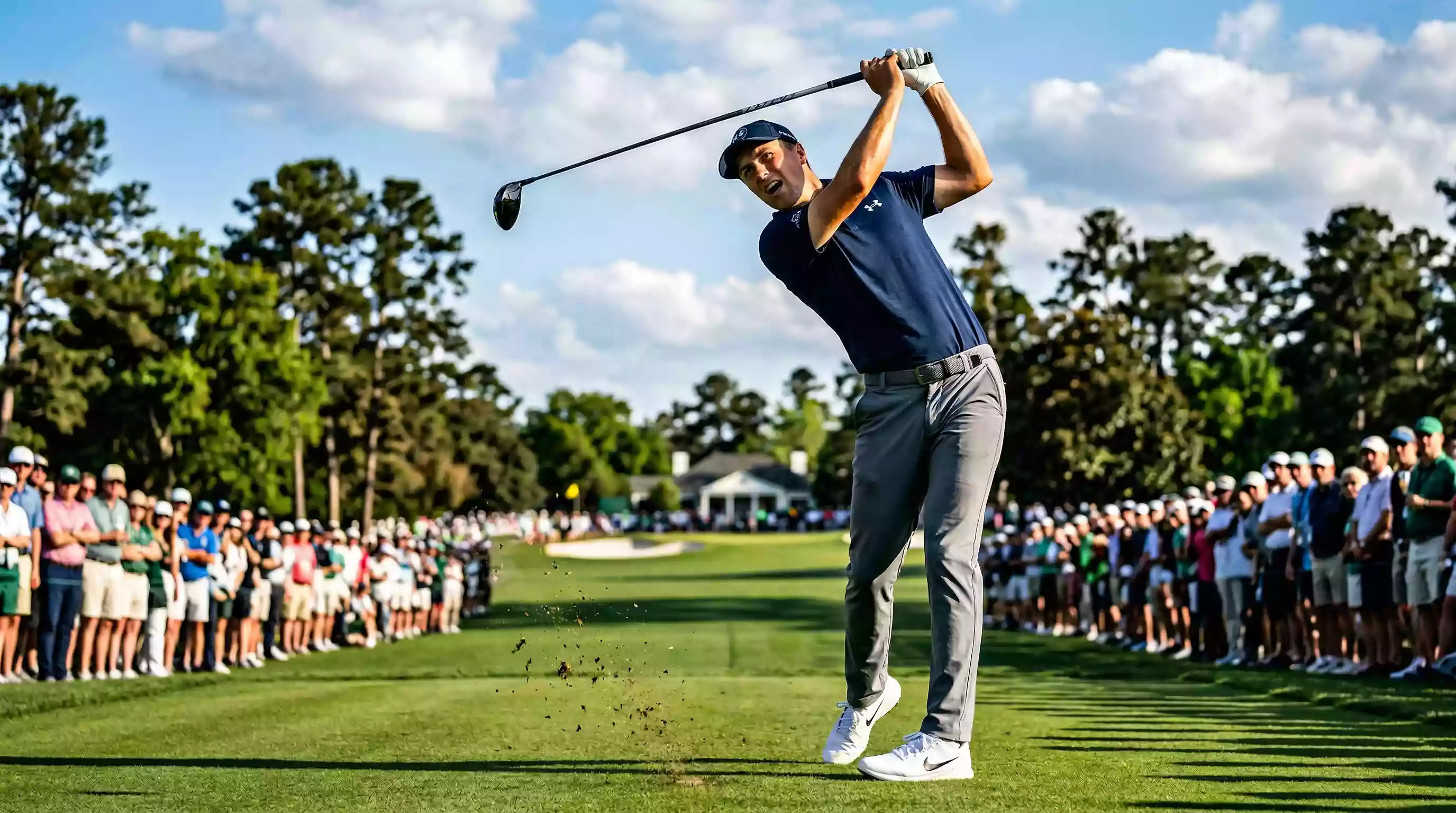 Golfspieler beim konzentrierten Abschlag auf dem Fairway