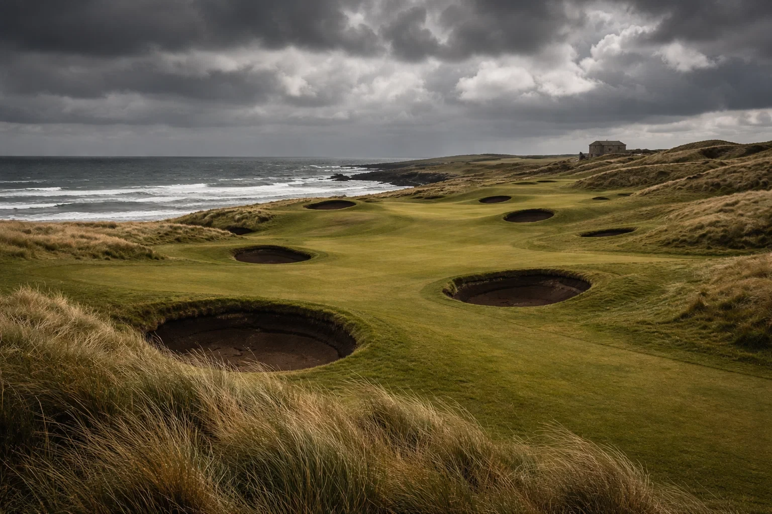 Schottischer Links-Golfplatz an der Küste bei bewölktem Himmel