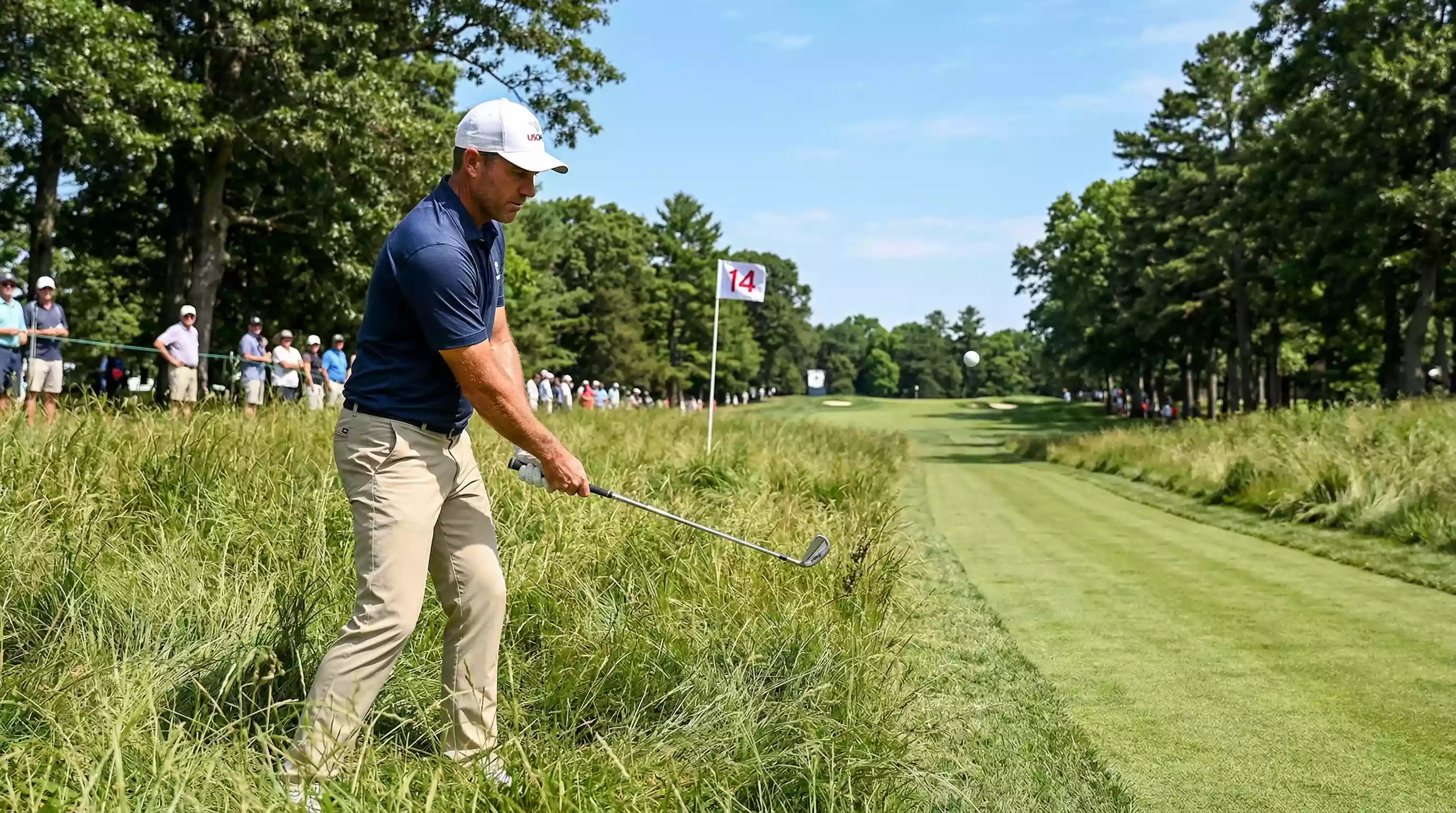 Golfspieler im dichten Rough beim US Open mit schmalen Fairways