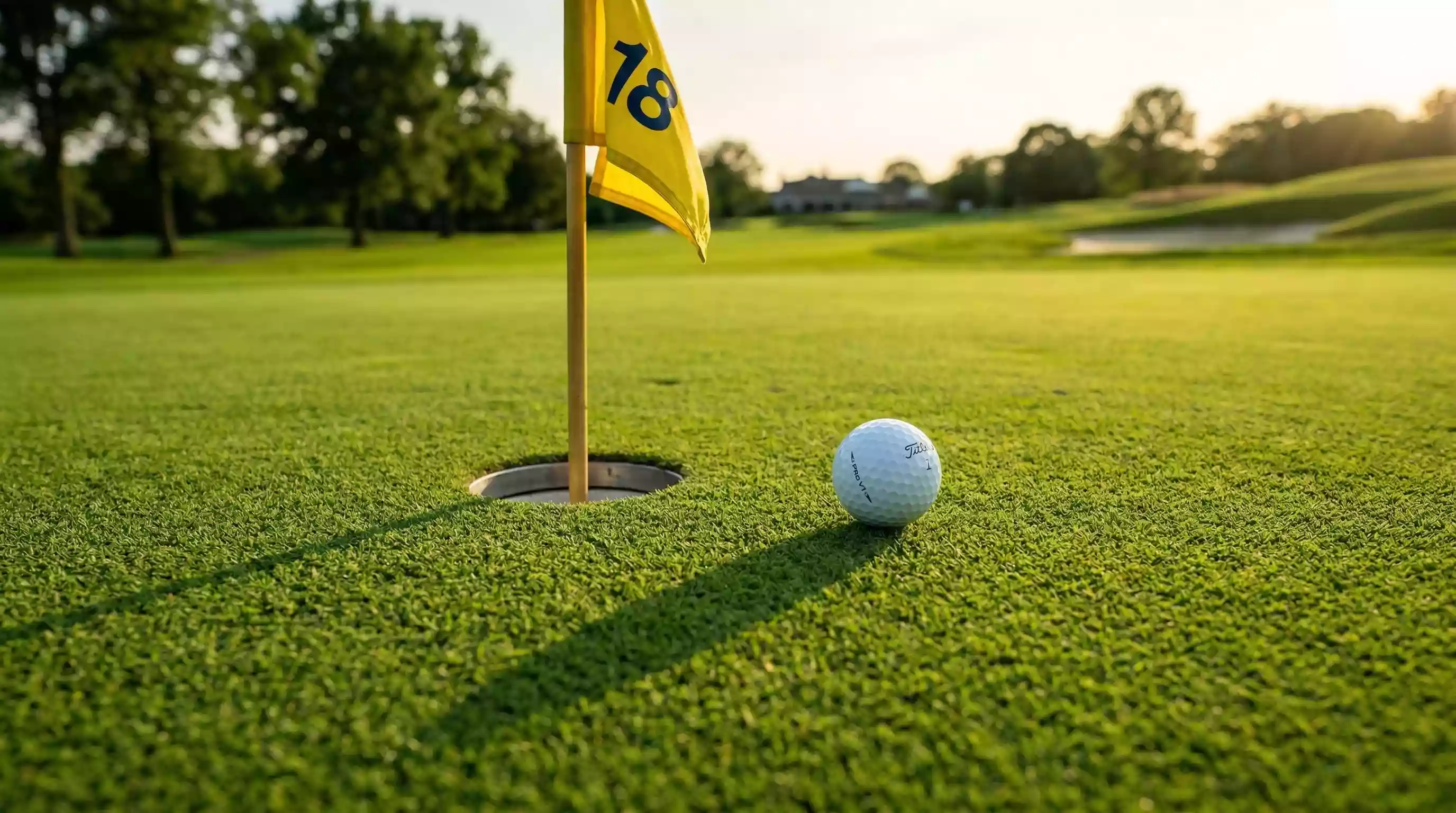 Golfball rollt Richtung Loch auf einem gepflegten Grün