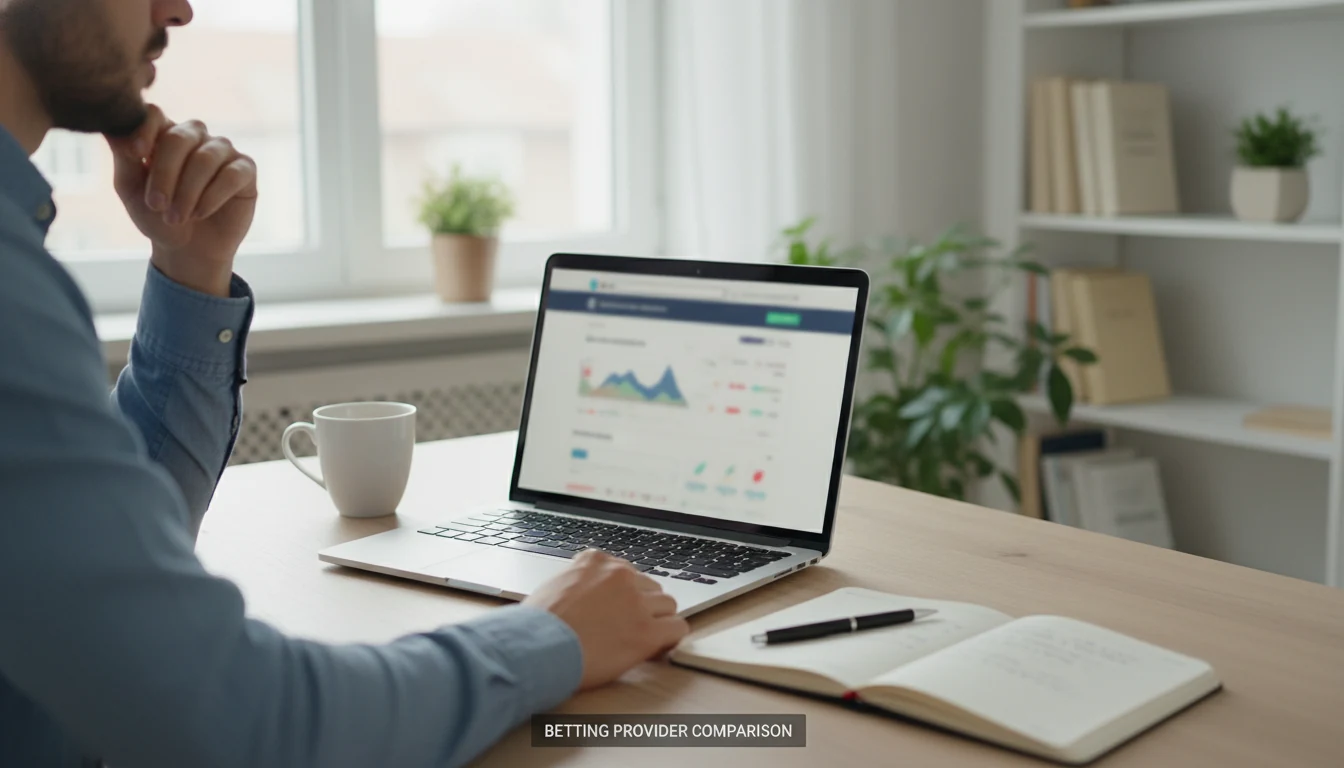 Person recherchiert Wettanbieter am Laptop mit Notizblock